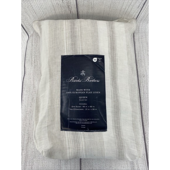 Brooks Brothers Other - Brooks Brothers Duvet Set QUEEN Cream Beige Stripe 100% European Flax Linen